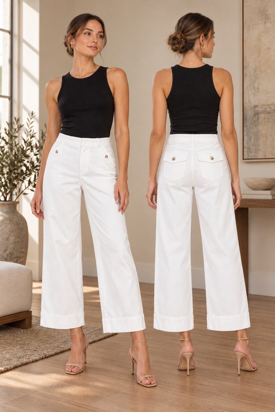 SPANX Size S White Wide Leg Cropped Pull-On Pants Stretch Cotton Blend High Rise